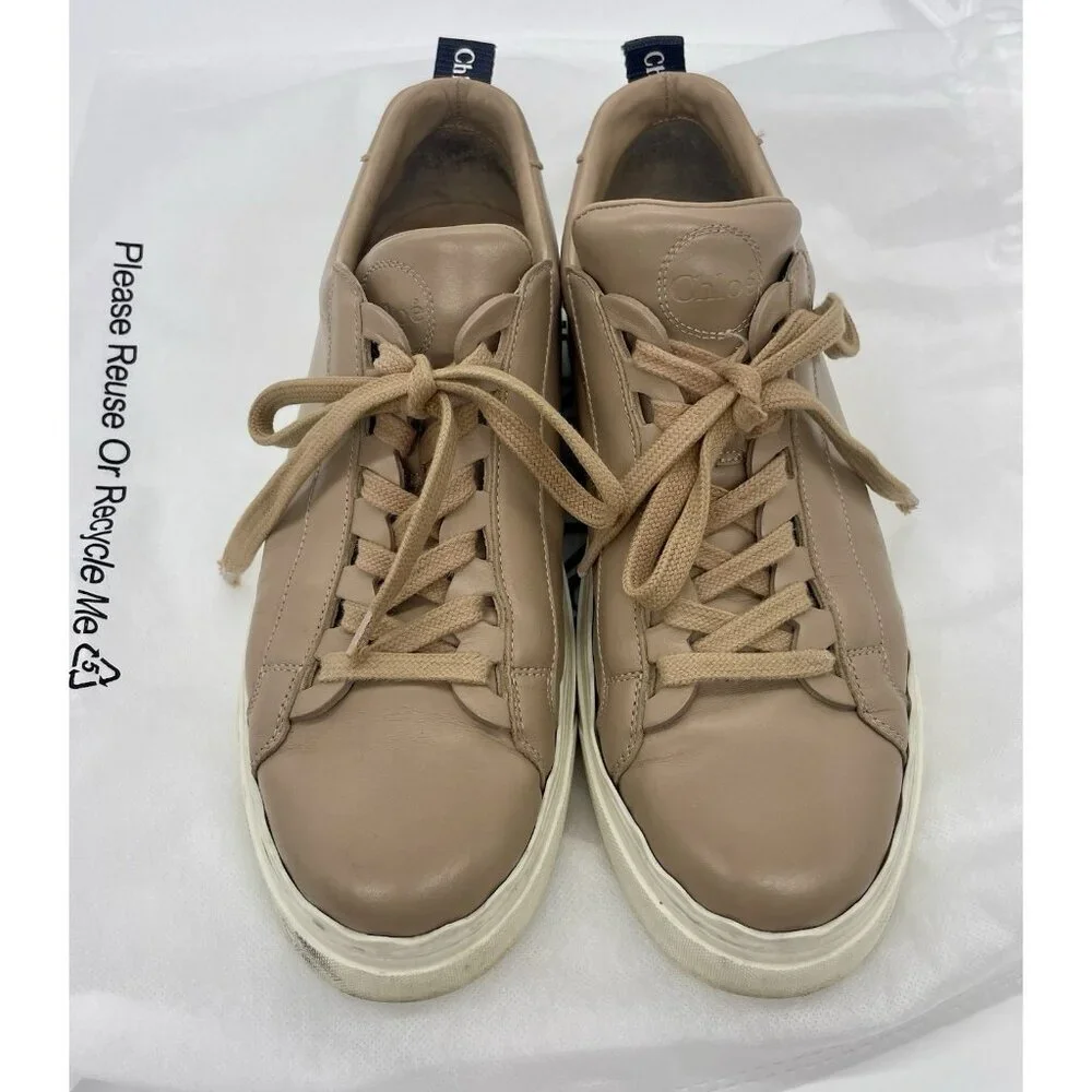 Chloé Lauren Leather Sneakers Sz 9~40 Beige Travel Shoes Sporty Comfy Designer‎
